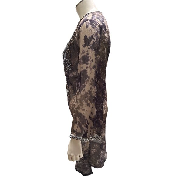 Sheer Gray Beaded Tunic Size M India Boho Rhinestone Resortwear Festival Top - Picture 6 of 15